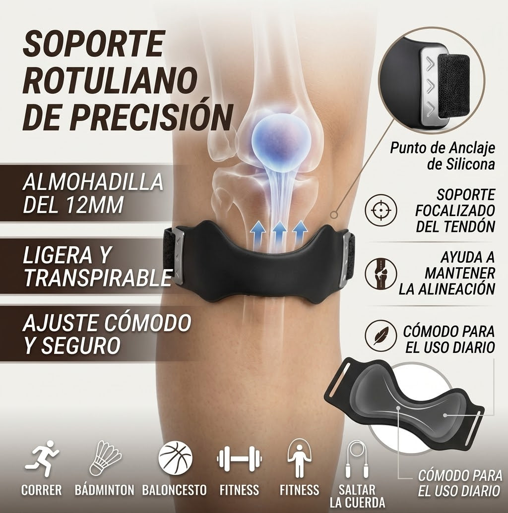 Banda de soporte colocada sobre la rodilla junto a un diagrama anatómico
